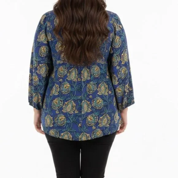 🛍️ Women’s blue yellow floral 3/4” sleeve pullover high low blouse plus size 2X - Picture 5 of 7